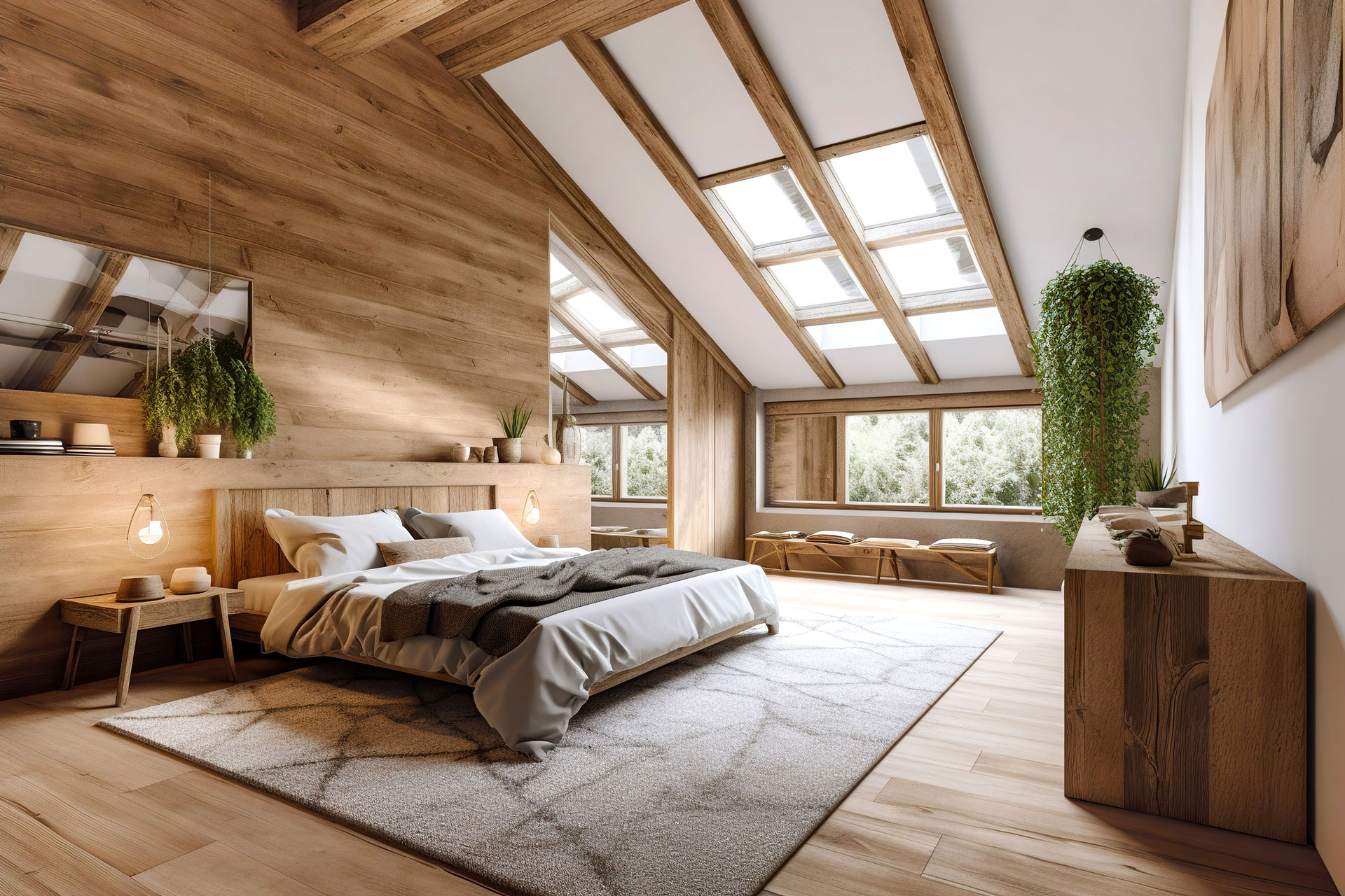 Tetőtér beépítés ötletek, padlás beépítés: természetközeli fa felületekkel ellátott hálószoba
